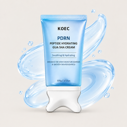 Blue KOEC PDRN Peptide Hydrating Gua Sha Cream tube surrounded by blue gel swirls