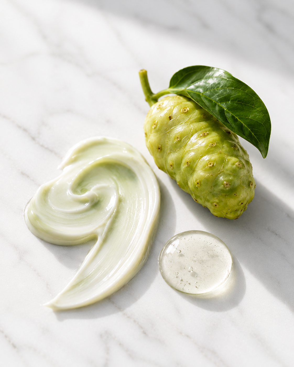 Noni fruit beside a swirl of Celimax Noni Ultimate Eye Cream and a translucent serum droplet