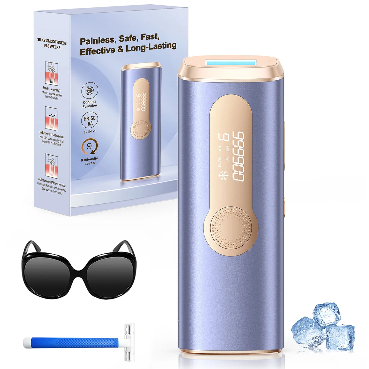Purple cooling IPL device with packaging, eyewear, razor and decorative blue ice