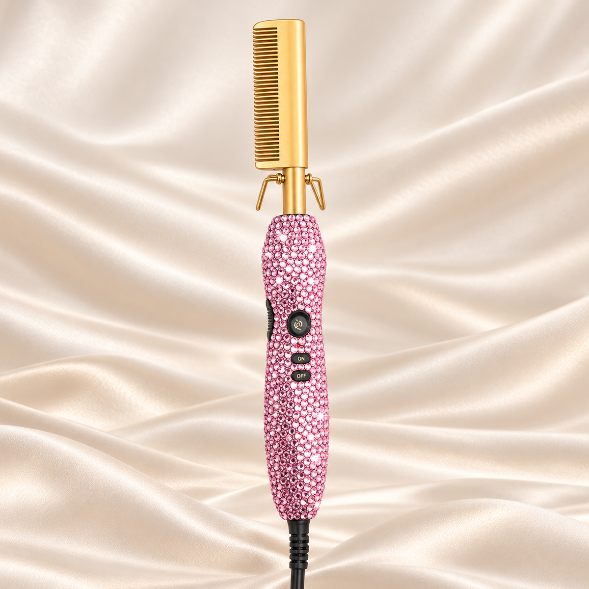 Pink · Gold Comb rhinestone electric hot comb on cream satin
