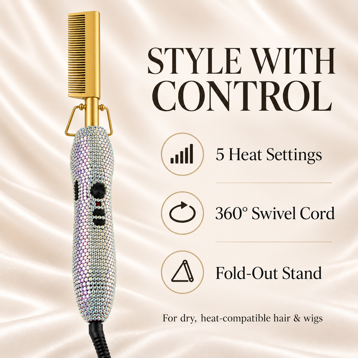 Rhinestone hot comb guide with five heat settings, swivel cord and stand