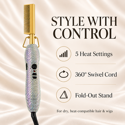 Rhinestone hot comb guide with five heat settings, swivel cord and stand