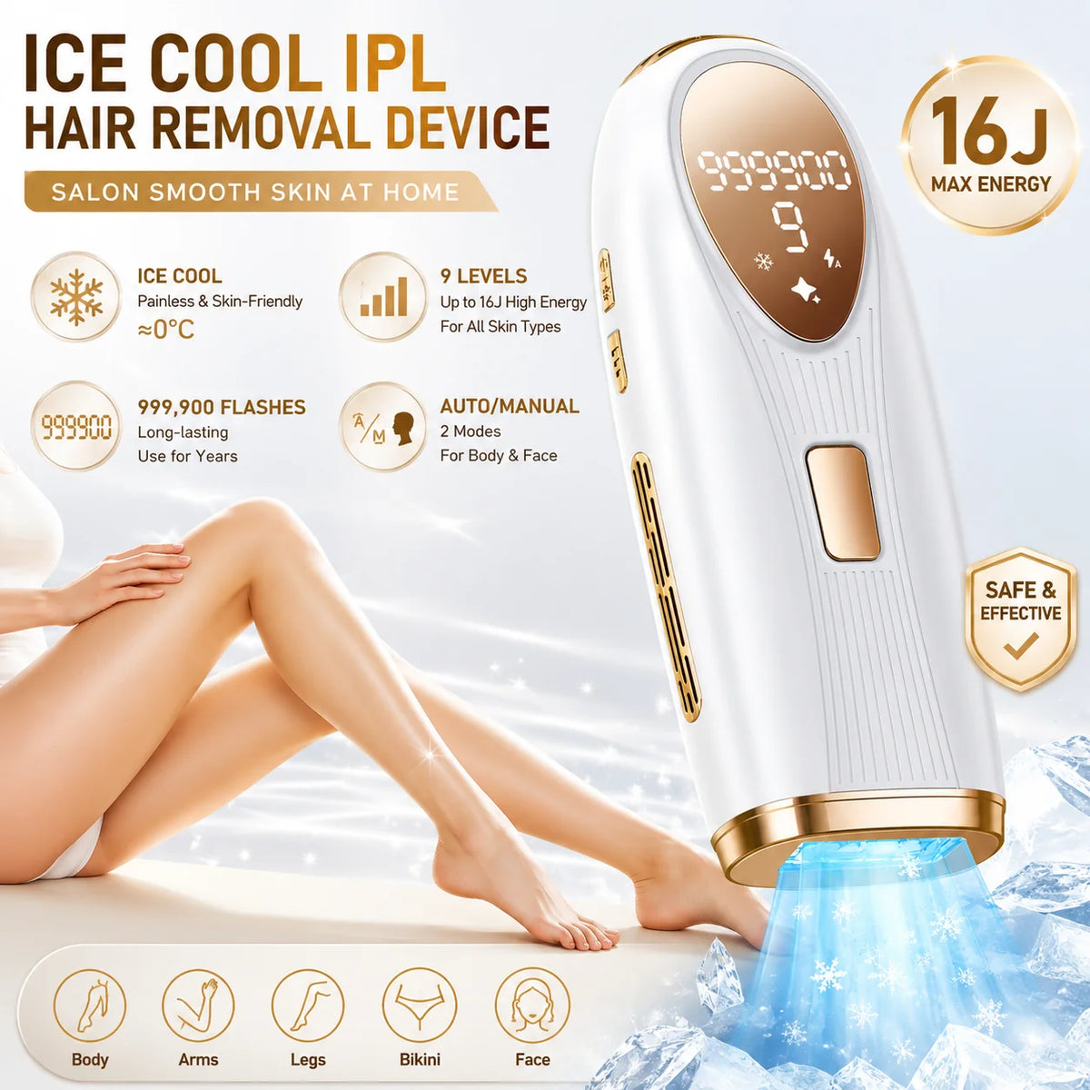 Supplier overview of the white and gold ice-cooling IPL handset and its advertised features