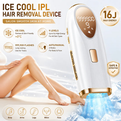 Supplier overview of the white and gold ice-cooling IPL handset and its advertised features
