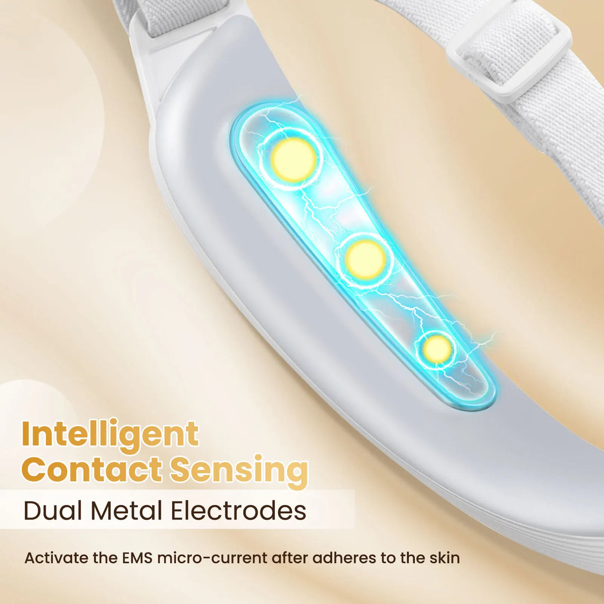Supplier close-up illustration of the dual metal electrodes and skin-contact activation