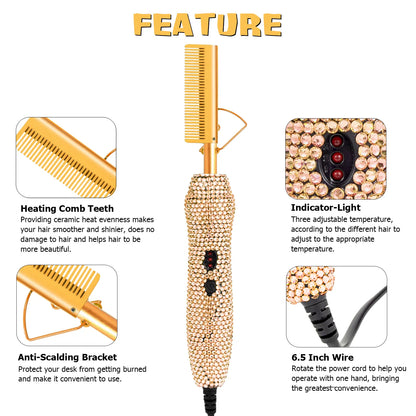 Close-up of the hot comb teeth, wire stand, indicator lights and swivel power cord