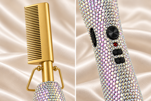 Close-up of gold heated teeth, wire stand and silver rhinestone handle