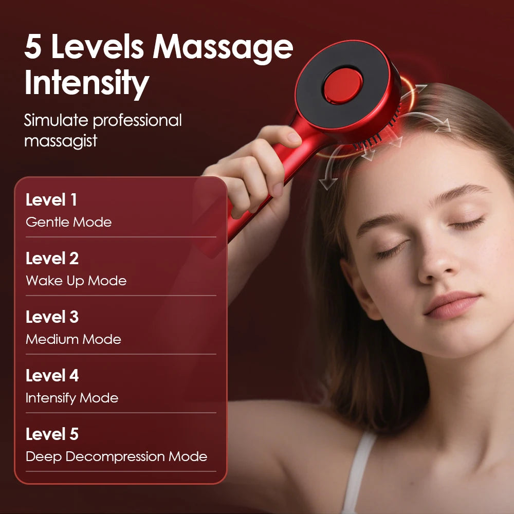 Supplier illustration of five S18 scalp massage levels, with the red brush held against the scalp