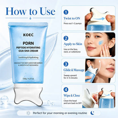 KOEC four-step guide showing twist to ON, apply cream, glide gently, then wipe the head and turn to OFF