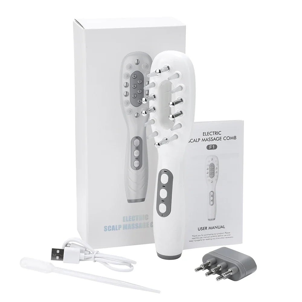 White scalp massage comb with box, USB cable, removable reservoir and English manual