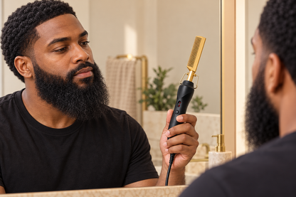Man holding a Gold electric hot comb away from his face at a beige grooming vanity