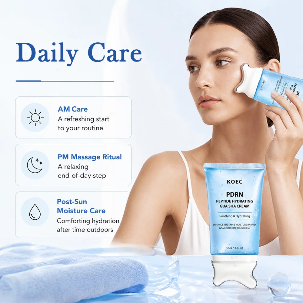Woman using the KOEC gua sha cream applicator on her cheek in a daily-care illustration