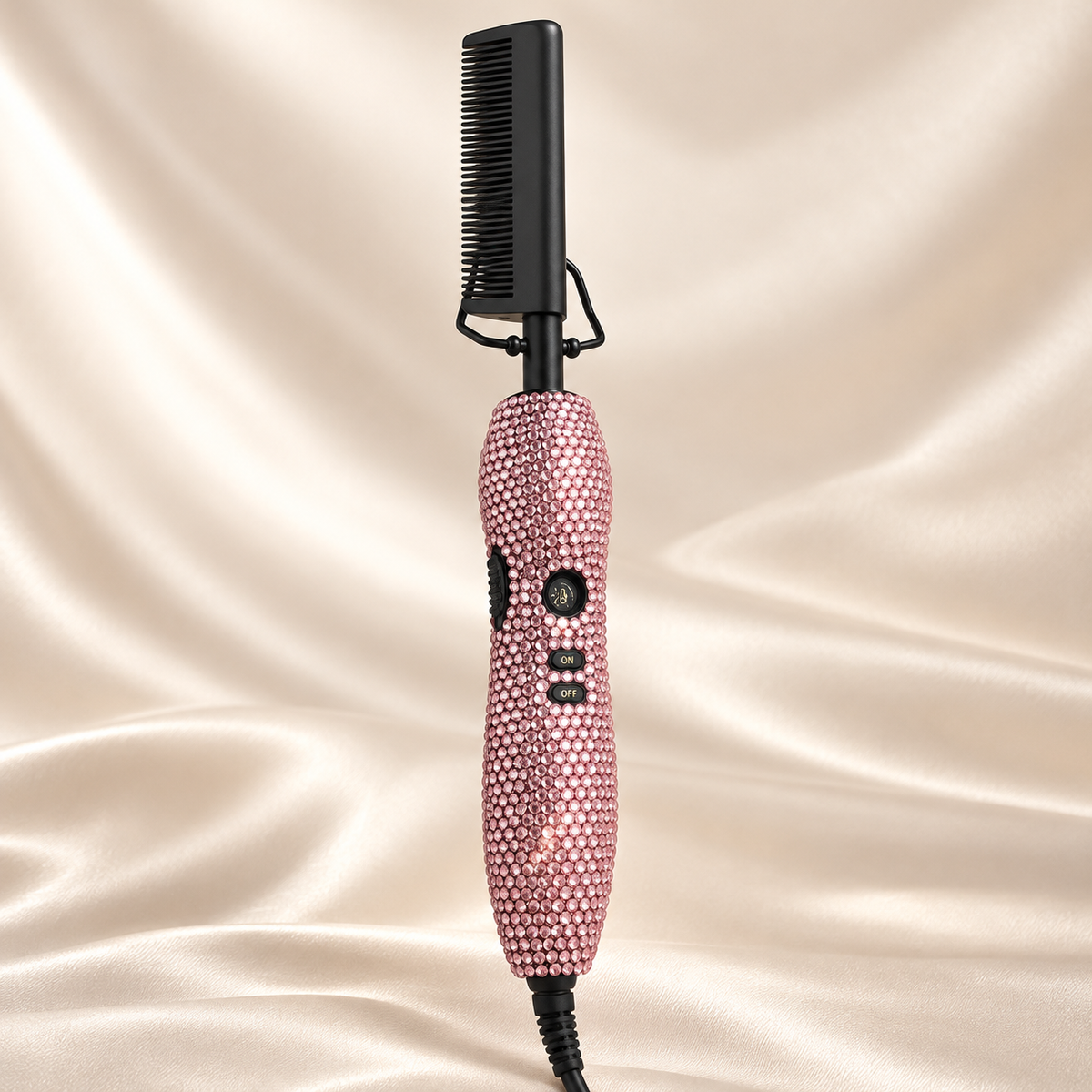 Pink · Black Comb rhinestone electric hot comb on cream satin