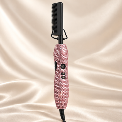 Pink · Black Comb rhinestone electric hot comb on cream satin