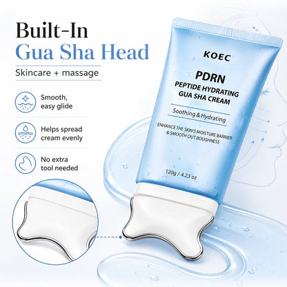 KOEC blue cream tube and close-up of its built-in sculpted gua sha applicator
