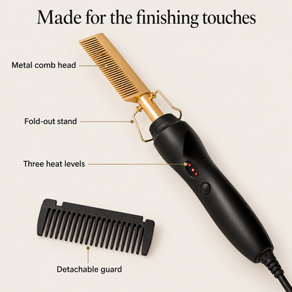 Gold hot comb close-up showing the metal head, three heat levels, fold-out stand and detachable guard