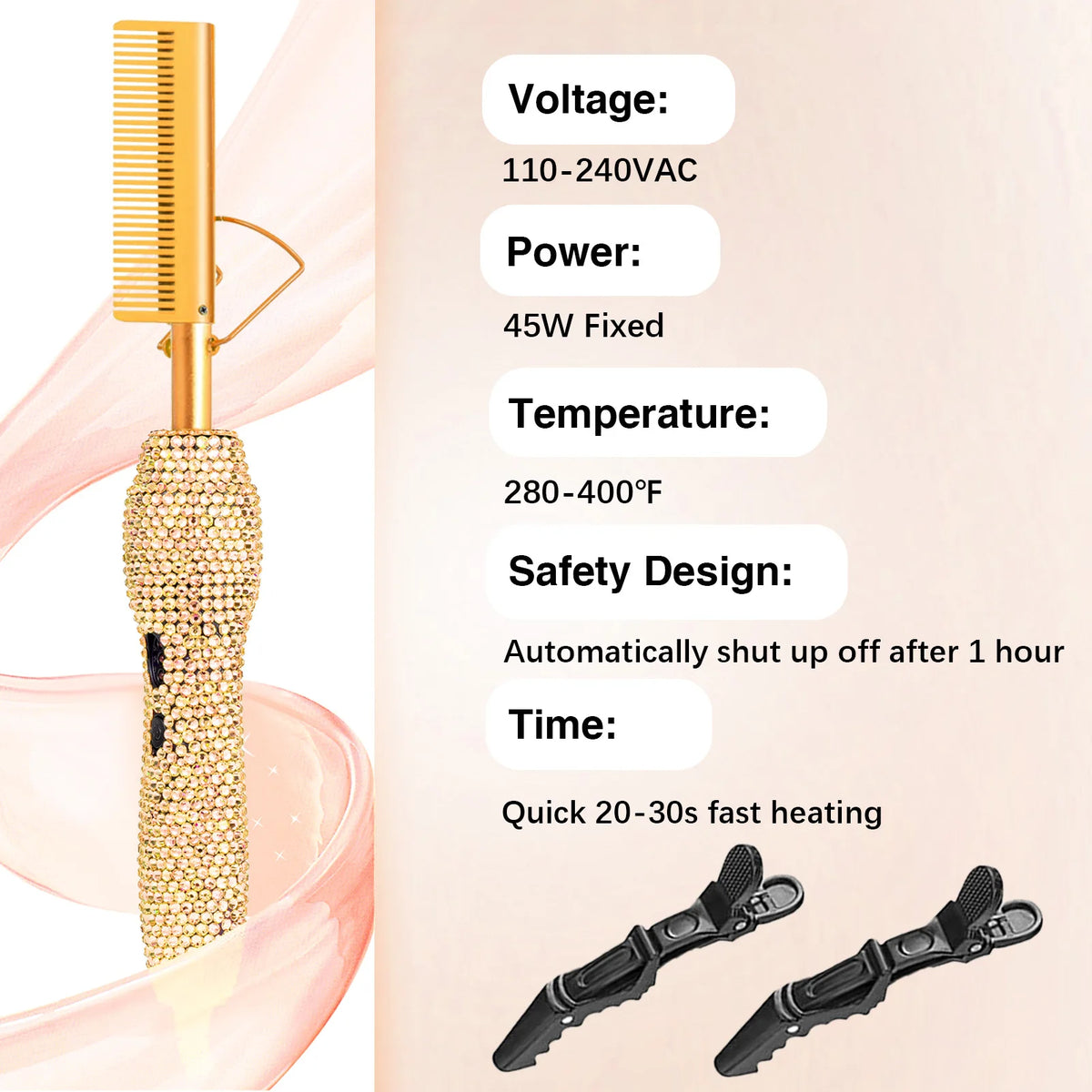Supplier specifications for the bling electric hot comb with 280–400°F settings and 60-minute auto-off