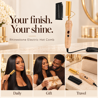 Gold rhinestone electric hot comb and black guard with coordinated Daily, Gift and Travel scenes