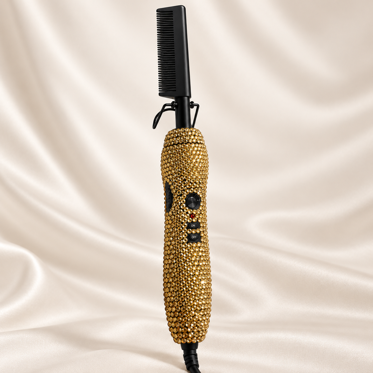 Topaz · Black Comb rhinestone electric hot comb on cream satin
