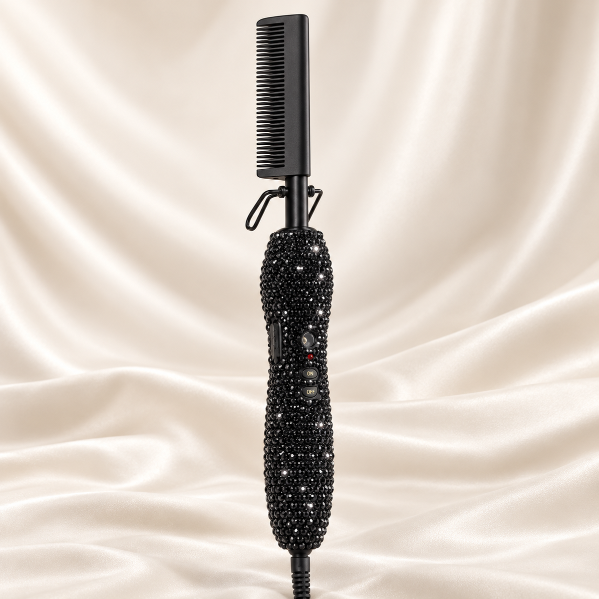 Black · Black Comb rhinestone electric hot comb on cream satin