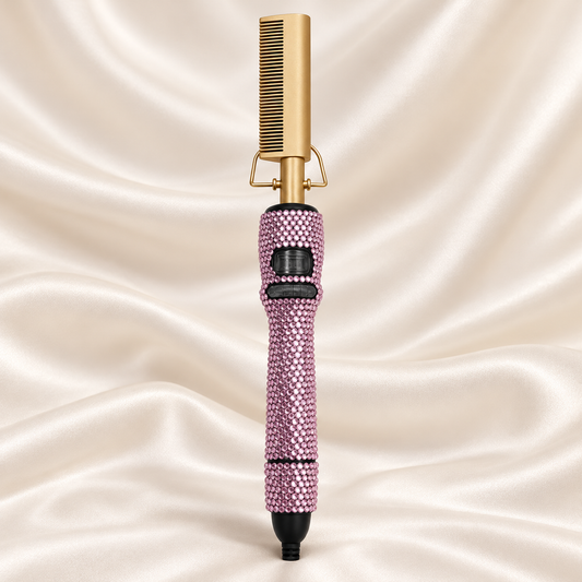Pink digital rhinestone hot comb with gold head on cream satin