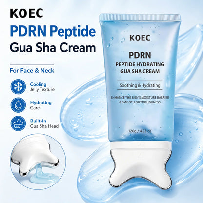 KOEC PDRN Peptide Gua Sha Cream 120g tube with cooling texture, hydrating care and built-in applicator callouts
