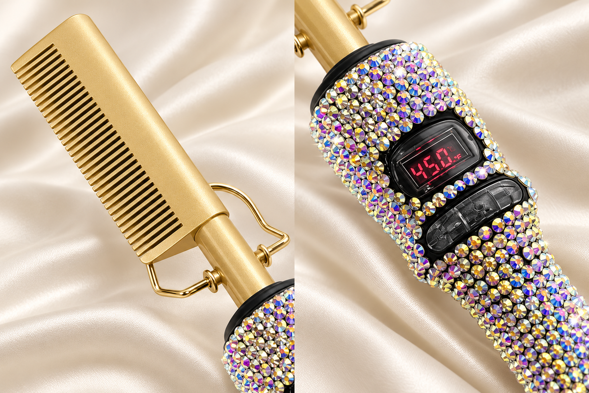 Gold comb teeth and red digital display surrounded by Silver AB rhinestones