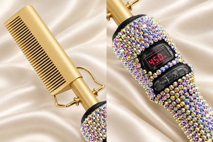 Gold comb teeth and red digital display surrounded by Silver AB rhinestones