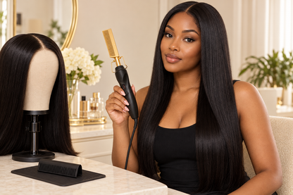 Woman holding a Gold electric hot comb beside a long black wig on a styling stand