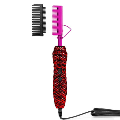 Red rhinestone electric hot comb with detachable black guard
