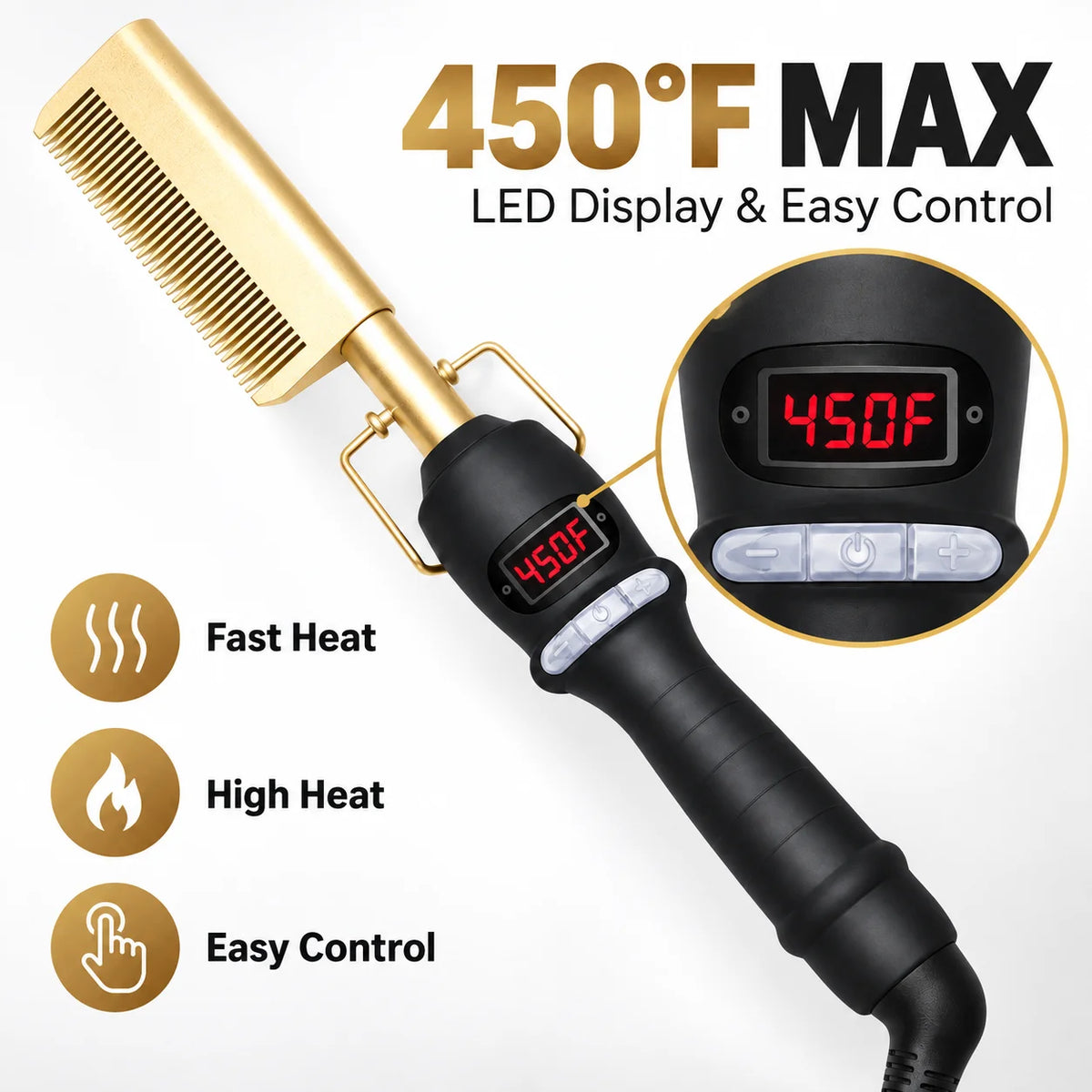 Supplier graphic showing the 450°F maximum, red display and minus, power and plus controls