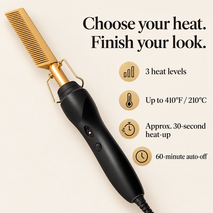 Electric hot comb guide showing three heat levels, 410°F maximum, approximate 30-second heat-up and 60-minute auto-off