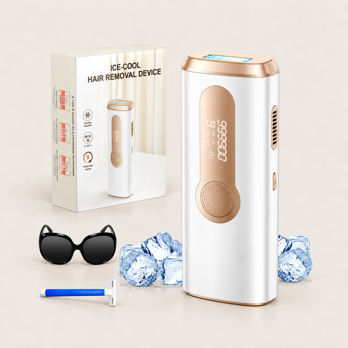 White and gold cooling IPL device, box, protective eyewear, razor and blue ice on a square beige background