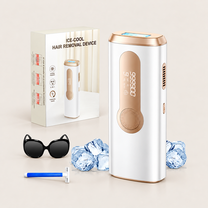White and gold cooling IPL device, box, protective eyewear, razor and blue ice on a square beige background