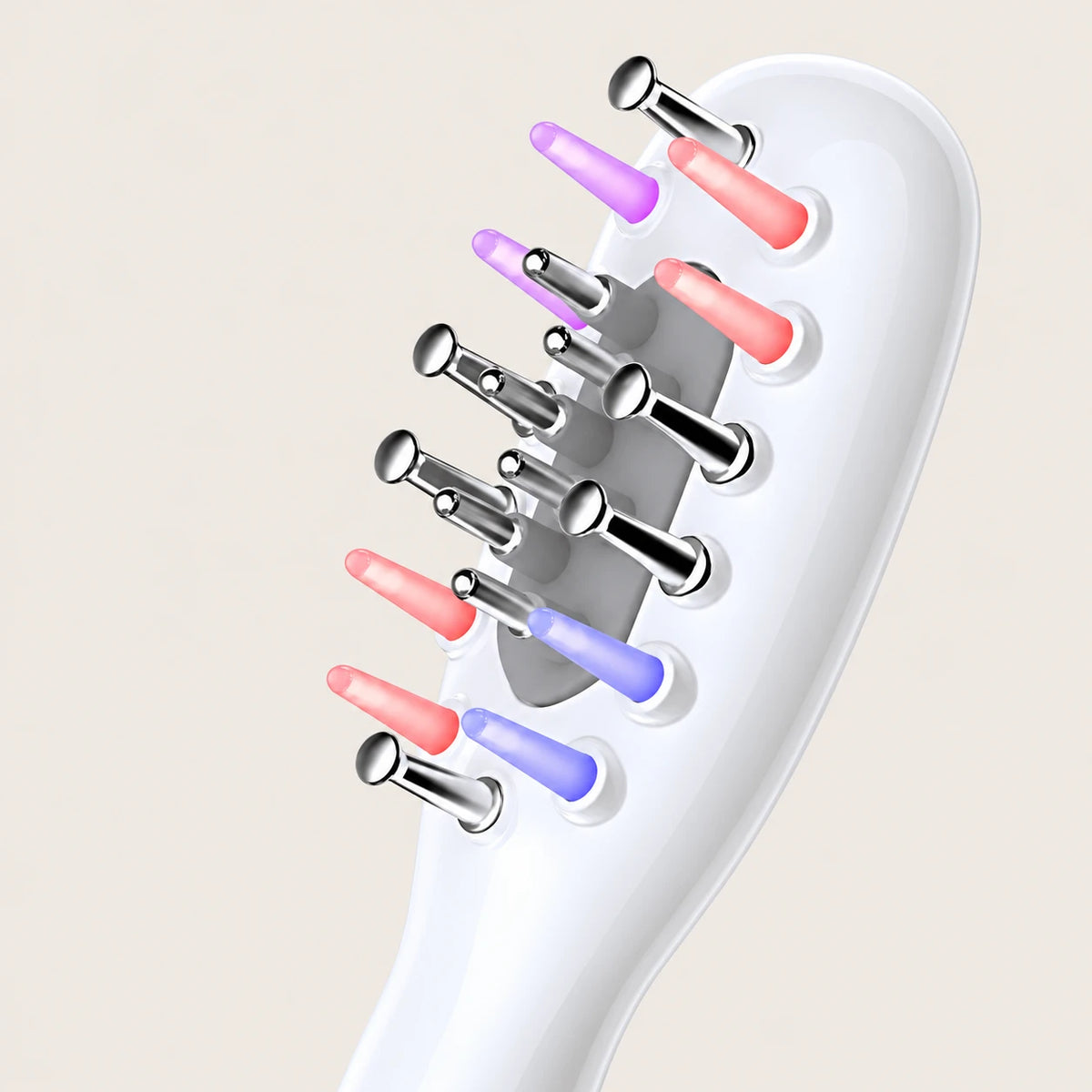 Scalp comb head with eight silicone tips, six EMS contacts and six rolling applicators