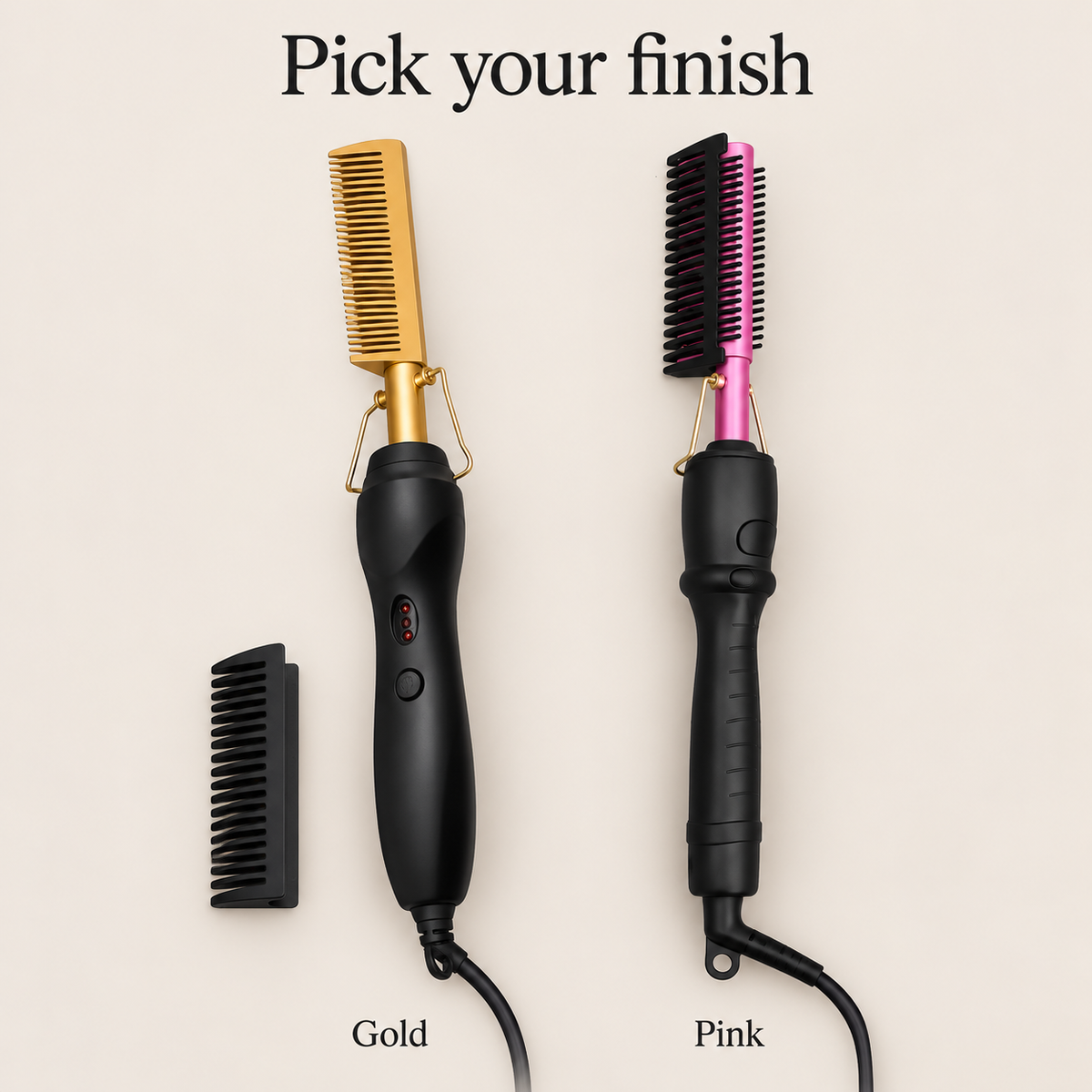 Gold and Pink electric hot comb variants with black handles and detachable comb guards