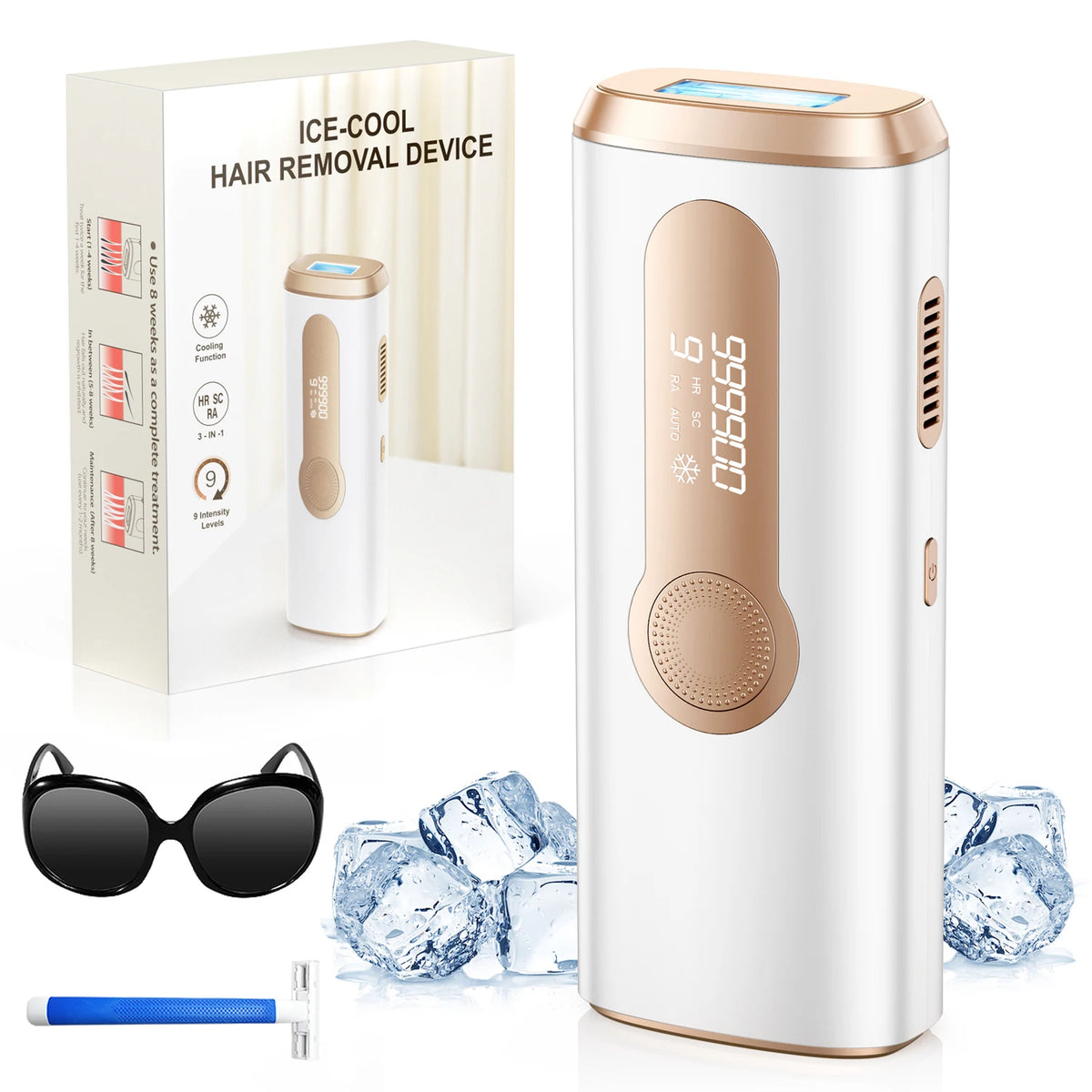 Gold cooling IPL device with packaging, eyewear, razor and decorative blue ice