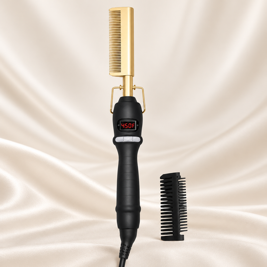 Gold digital hot comb with black handle, 450F display and separate black guard on beige satin