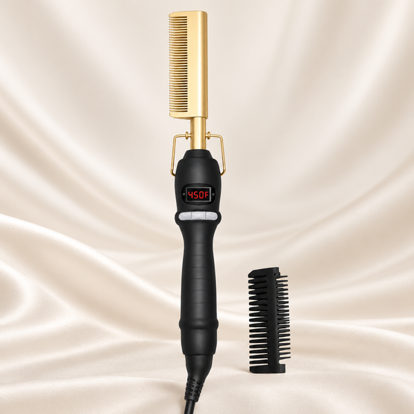 Gold digital hot comb with black handle, 450F display and separate black guard on beige satin