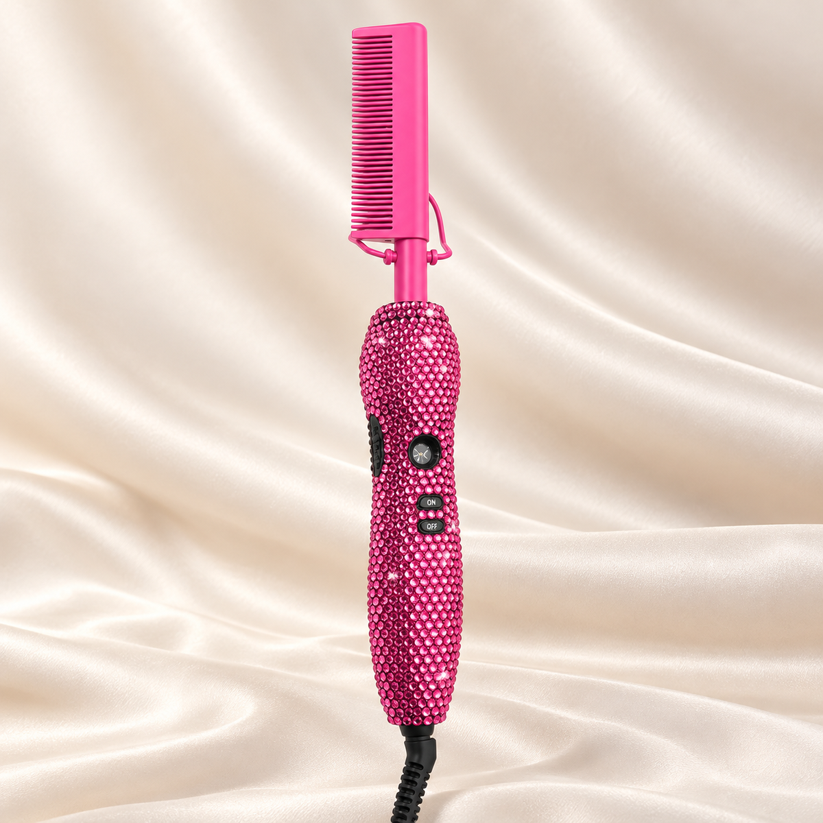 Hot Pink · Pink Comb rhinestone electric hot comb on cream satin