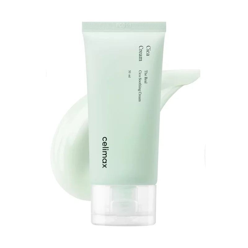 Original Celimax The Real Cica Soothing Cream 50 ml tube with pale mint gel-cream swatch