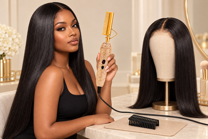 Woman holding a Gold bling electric hot comb beside a black wig on a styling stand