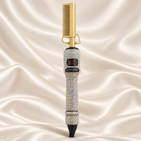 Silver AB digital rhinestone hot comb with gold head on cream satin