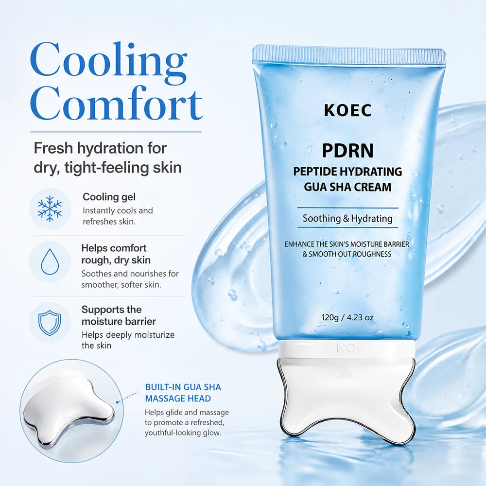 KOEC gel cream illustration describing cooling comfort and moisture care for dry-feeling skin
