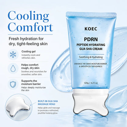 KOEC gel cream illustration describing cooling comfort and moisture care for dry-feeling skin
