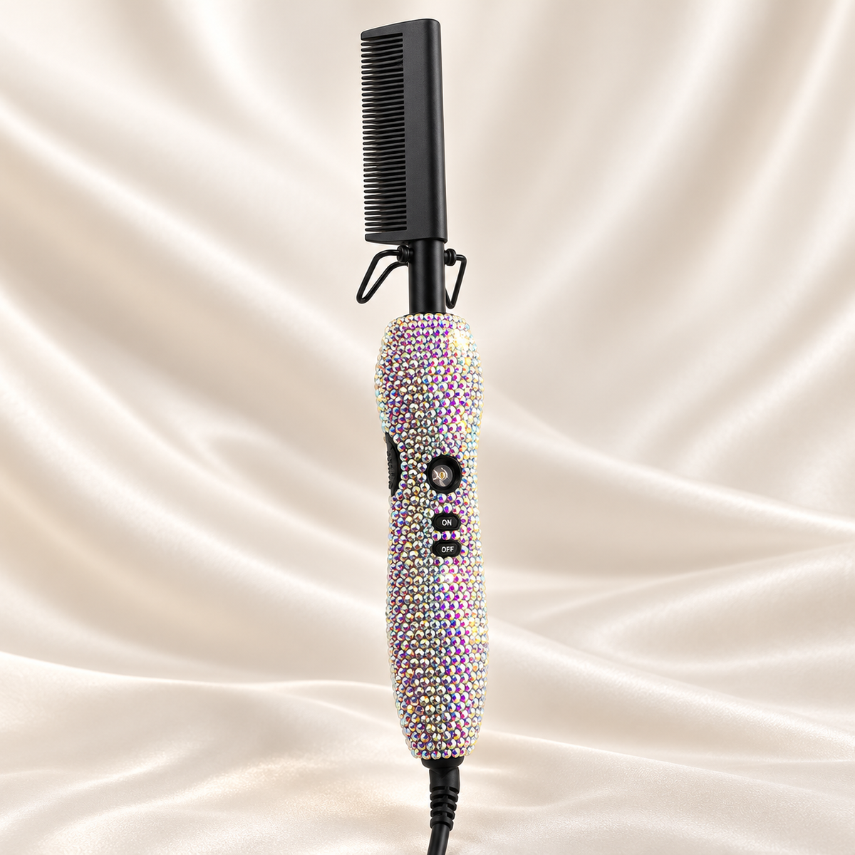 Silver AB · Black Comb rhinestone electric hot comb on cream satin