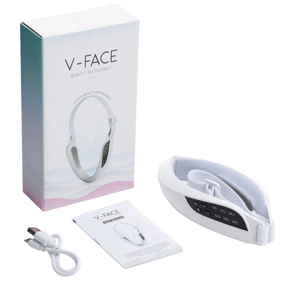 White 106D36 EMS facial massager with V-FACE box, instruction manual and USB-A to USB-C charging cable