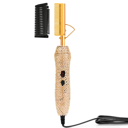 Gold rhinestone electric hot comb with detachable black guard