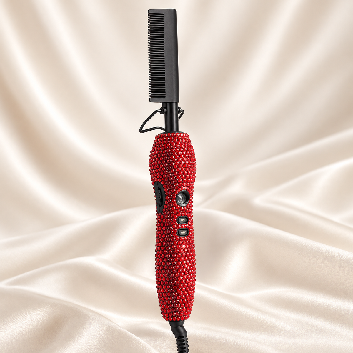 Red · Black Comb rhinestone electric hot comb on cream satin