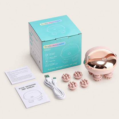 Red light scalp massager kit with retail box, USB cable, instructions, four fitted pointed heads and four spare rounded heads
